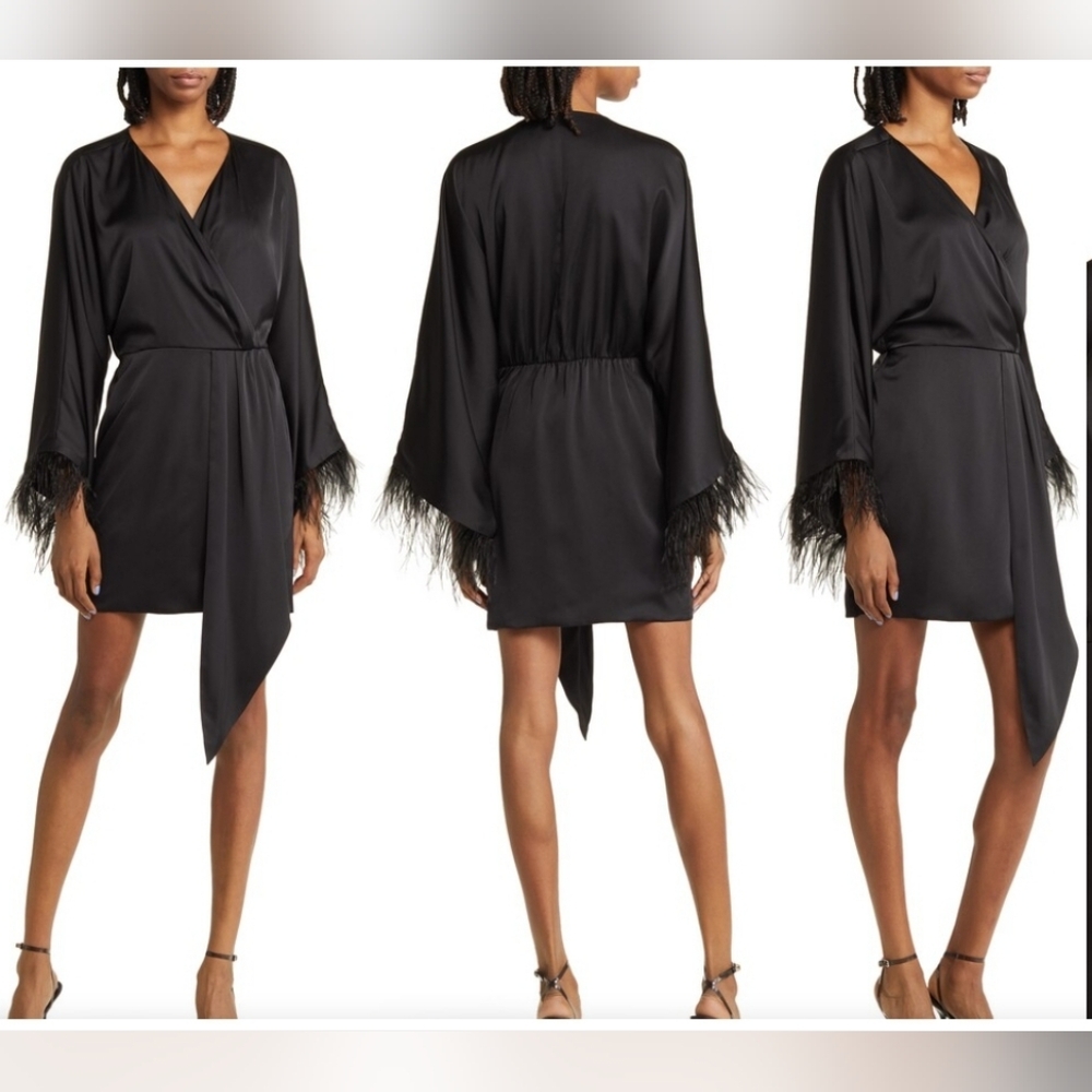 Charles Henry Black Asymmetrical Wrap Ostrich Feather Bell Sleeve Tunic Dress M View 4